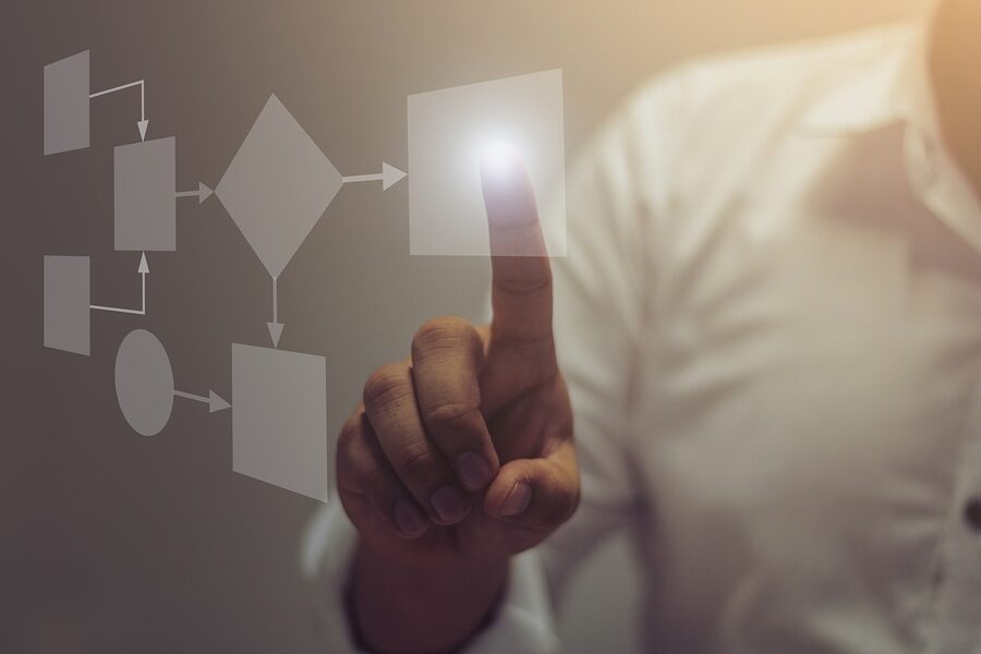 man clicking on holigraphic square